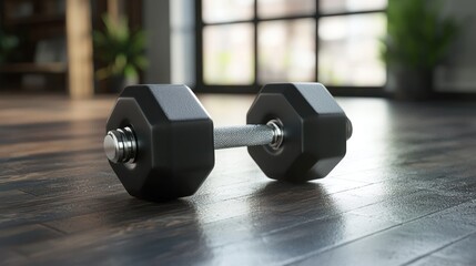 A black dumbbell on a wooden floor.