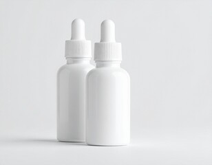Blank White Dropper Bottles on Clean Surface for Skincare Branding or Product Mockup