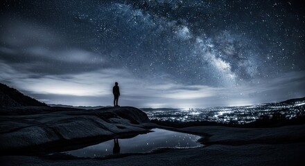 Person stares at Milky Way over city