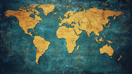 A vintage map of the world with gold accents on a blue and green background.