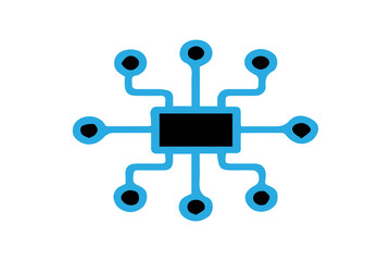 The image is a stylized, colored icon of a central processing unit (CPU) or microchip. It features a solid black rectangular center with multiple blue curved lines radiating outward