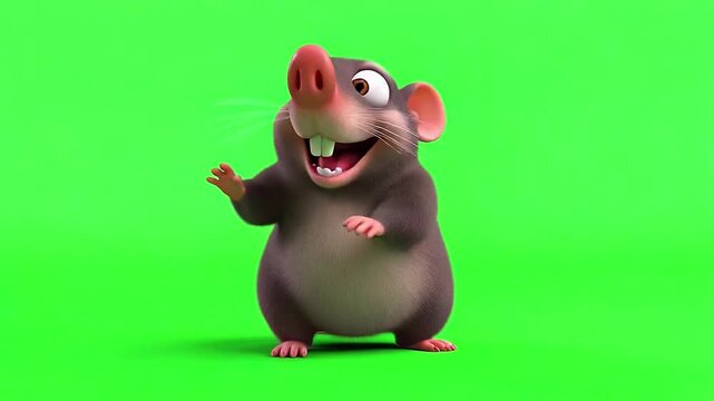 Cheerful 3D Cartoon Mole Rat Looking Up Dancing on Green Screen for Kids Animation
