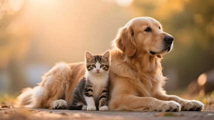 Golden Retriever and Kitten Sharing a Tender Moment in Warm Sunlight