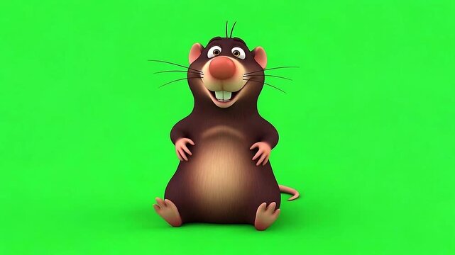 Cheerful 3D Cartoon Mole Rat Saying Hello Waving Two Arms on Green Screen for Kids Animation