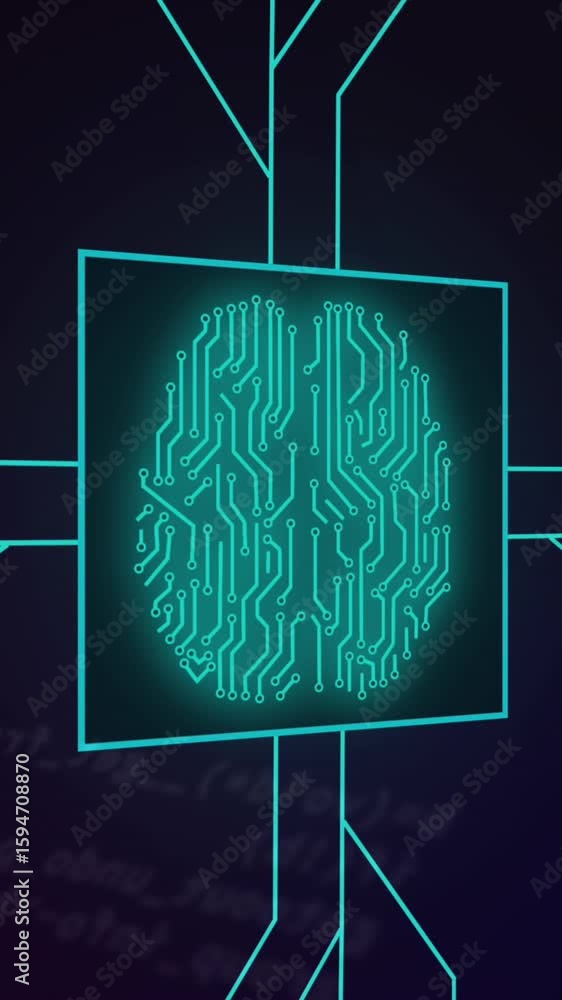 Poster animation of circuit board pattern around brain over computer language against server room