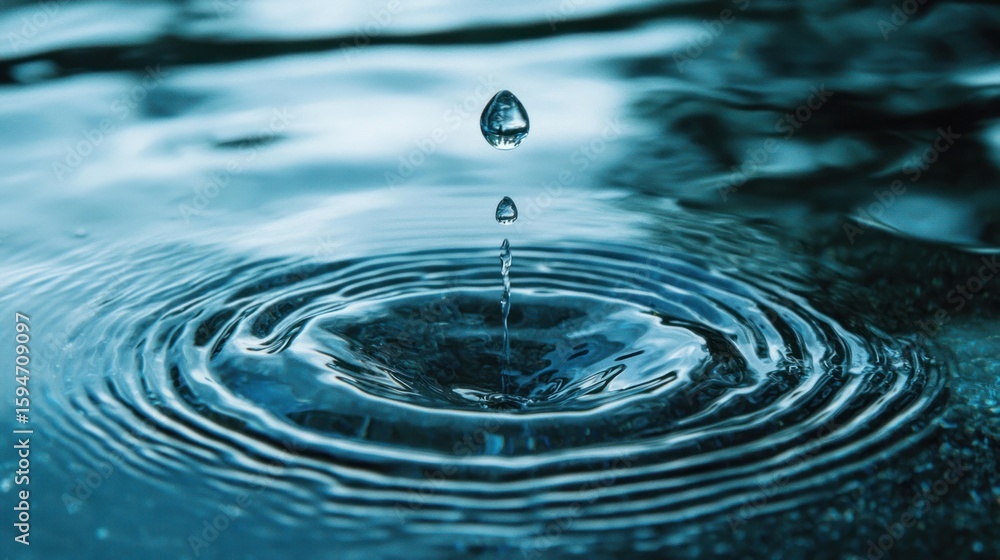 Poster a drop of water falling into a calm pool of water, creating ripples and a small circular splash.