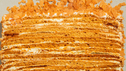 Honey-infused medovik cake, layers whispering autumn nostalgia, Slavic comfort dessert, evocative...