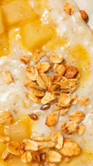 Golden oat cluster whispers on creamy porridge canvas, invoking Mabon harvest festivity, hygge home warmth, morning ritual