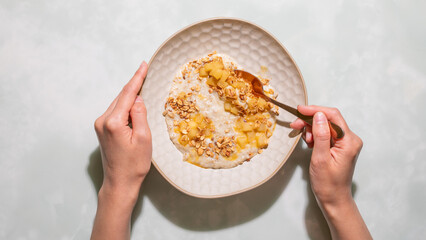 Rustic breakfast oats swirl, topped with golden apple compote, autumn equinox feast, cozy comfort...