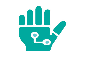 Obraz premium The image shows a stylized graphic of a robotic or digital hand, depicted in a teal color. The hand has five fingers and is shown in an upright, open position. 