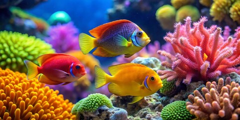 Vibrant Reef Scene Featuring Three Colorful Tropical Fish Swimming Amidst Lush Coral and Anemone