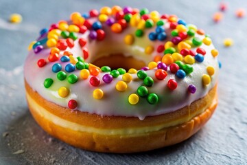 A colorful donut with rainbow sprinkles on top