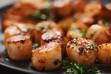 Seared scallops on black plate closeup
