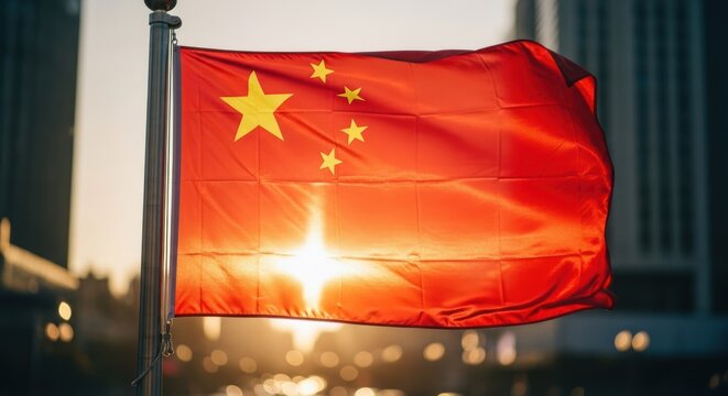 Red Chinese flag with stars against city skyline