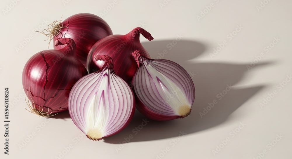 Poster red onions; one is halved showing concentric layers