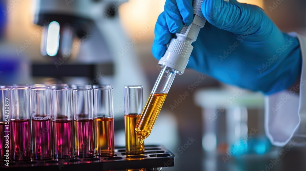 Poster a scientist in a laboratory, using a pipette to transfer a liquid from one test tube to another.