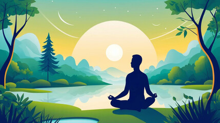 Mindful Meditation – Serene Vector Illustration of a Person Meditating Outdoors in Nature Promoting Daily Mindfulness and Inner Peace.