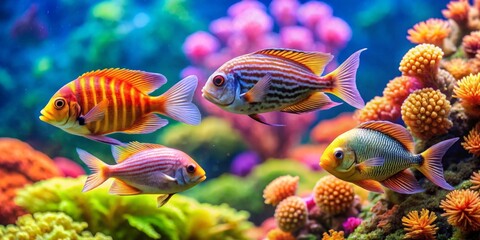 Vibrant Reef Inhabitants A Colorful Panorama of Tropical Fish Swimming Amongst Vivid Coral