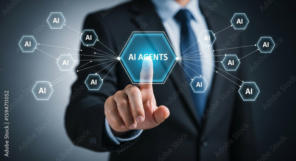 Poster businessman activating ai agents network for automation and digital transformation