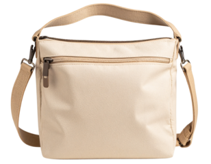 Trendy crossbody sling bag in beige canvas, isolated on a transparent background