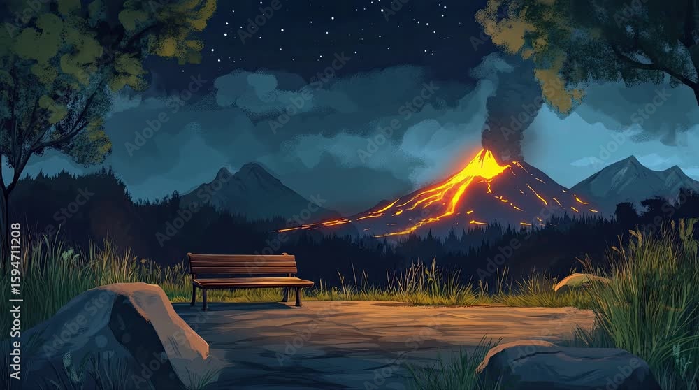 Wall mural a view of a bench with a view of an erupting volcano at night. 4k animated video