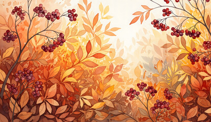 Fall inspired wedding background with warm leaves and seasonal berries in watercolor style. Designed for autumn wedding cards and themed events