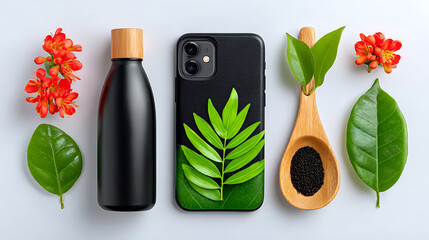 Black cosmetic bottle and phone with natural elements