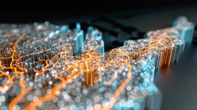 Abstract Connectivity Visualization of USA Map with Flowing Orange Light Trails