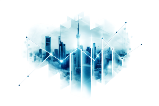 a modern city with shining forex charts isolated on white background, png, ai generated.