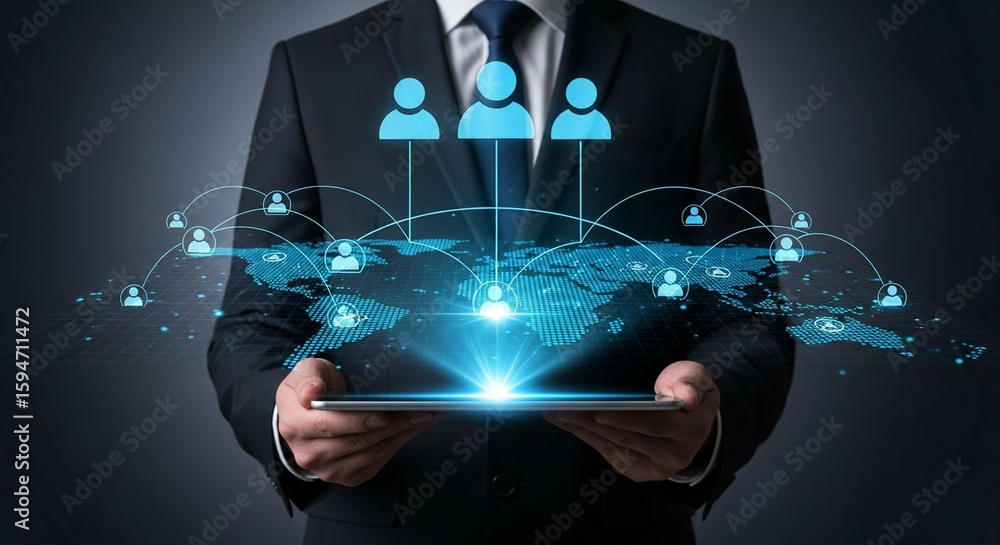 Poster digital network of global teams visualized on tablet for remote workforce management