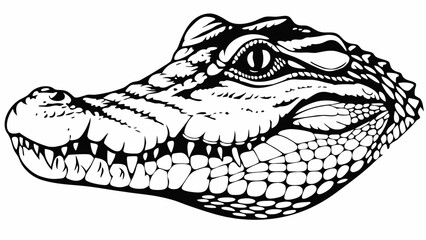 Large crocodile or alligator head, a dangerous green reptile predator, isolated on a white background with visible teeth and eye