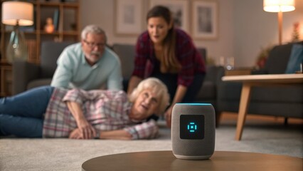 AI for Elderly Care A family reacts urgently as an elderly woman lies on the floor, with a device in the foreground.