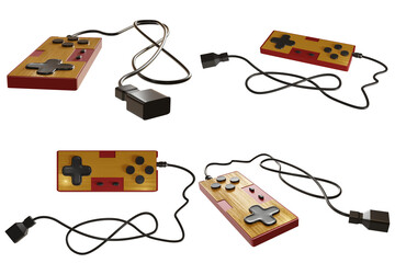 Retro gamepad with cable for old gaming consoles, isolated on transparent background. 3D render.
