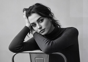A captivating black and white portrait of a young woman.