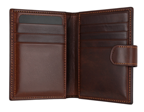 Luxury men’s wallet in dark brown leather, isolated on a transparent background