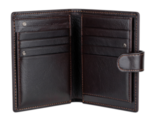 Luxury men’s wallet in dark brown leather, isolated on a transparent background