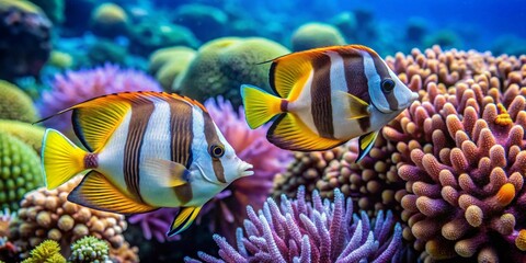 Vibrant Marine Life Two Exquisitely Colored Fish Gracefully Swim Amongst a Lush Coral Reef Ecosystem