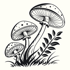Stylized Mushroom Tattoo Design – Retro Botanical Fungi Print