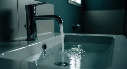 Running faucet filling sink. Overflowing. Minimalist