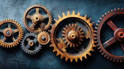 Intricate arrangement of mechanical gears interlocked on a dark textured background, showcasing engineering precision and detail
