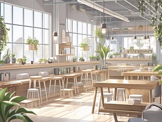 The minimalist coworking space features Scandinavian design, wooden desks and lush greenery, creating a bright and airy environment.