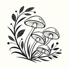 Stylized Mushroom Tattoo Design – Retro Botanical Fungi Print
