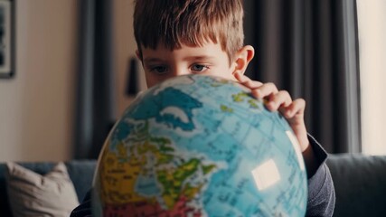 Boy looking at globe. Child is learning geography indoors. A curtain of exploration and curiosity on a sofa. A young boy gazing at a globe lifestyle.