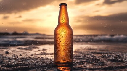 A single brown beer bottle with condensation on the surface, standing on a wet beach with waves in the background.