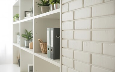 Fototapeta premium Modern white shelving unit filled with office supplies and plants next to a brick wall