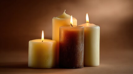 Three candles of different heights burning softly against a calm colored background with warm tones