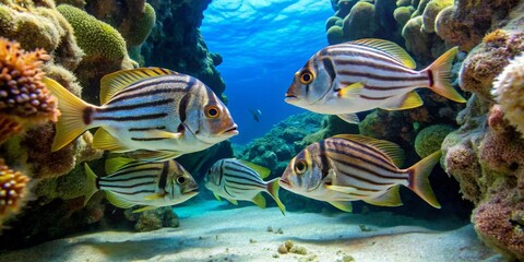 Striped fish school swimming near vibrant coral reef in clear ocean water