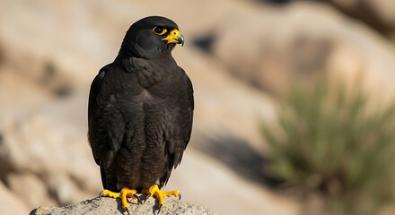 Fototapeta premium A dark, majestic falcon perches on a rock, observing its surroundings attentively.