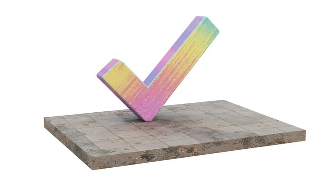 Colorful checkmark graphic on concrete slab
