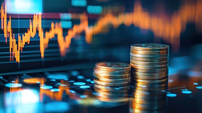 Stack of coins on a laptop keyboard with a stock market graph in the background.